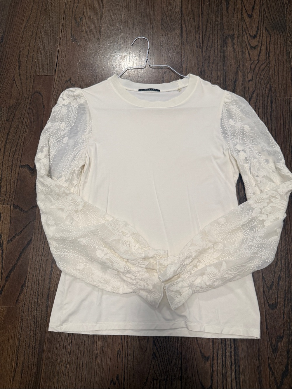 Elie Tahari Cream Lace Sleeve Knit Top
